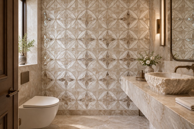 Bathroom with a natural stone mosaic wall