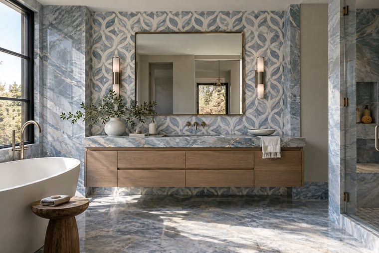 Bathroom with a natural stone mosaic wall