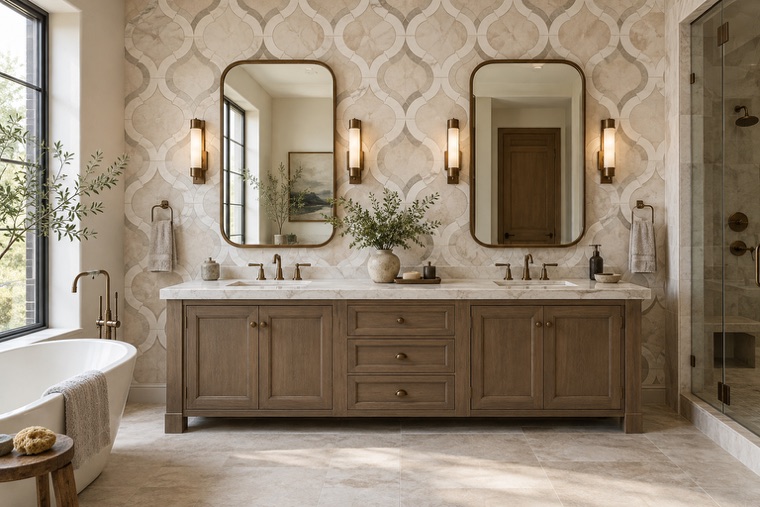 Bathroom with a natural stone mosaic wall