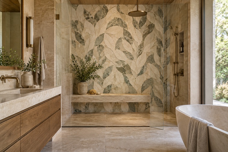 Bathroom with a natural stone mosaic wall