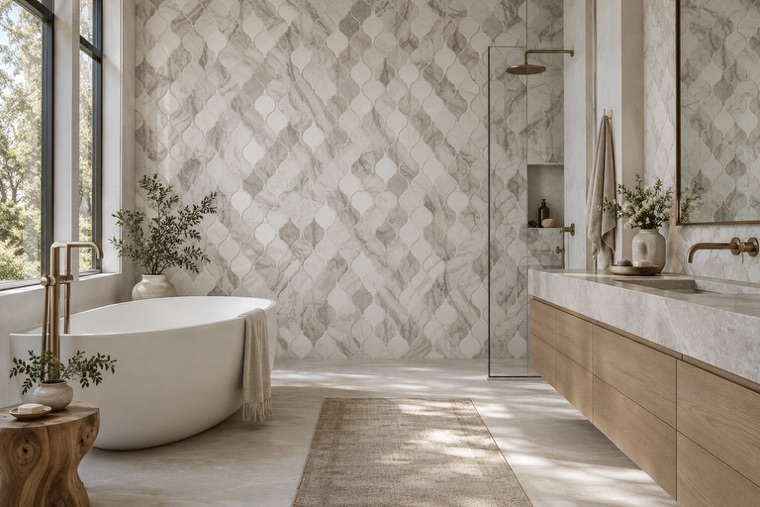 Bathroom with a natural stone mosaic wall