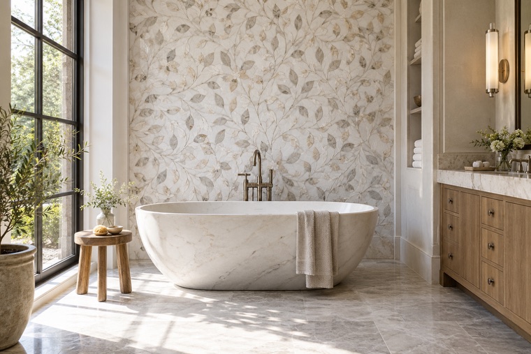Bathroom with a natural stone mosaic wall