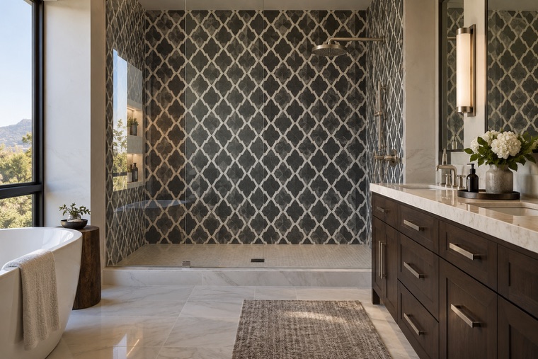 Bathroom with a natural stone mosaic wall