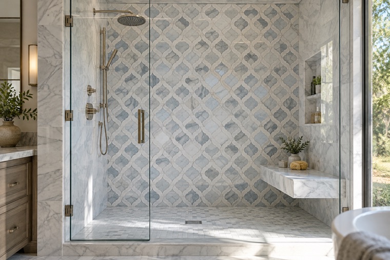 Bathroom with a natural stone mosaic wall