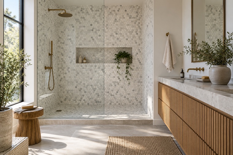Bathroom with a natural stone mosaic wall