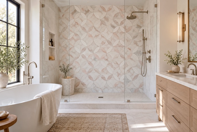 Bathroom with a natural stone mosaic wall