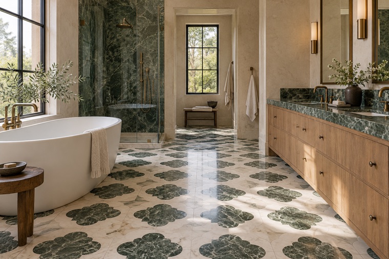 Bathroom with a natural stone mosaic wall