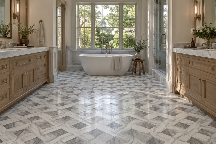 Bathroom with a natural stone mosaic wall