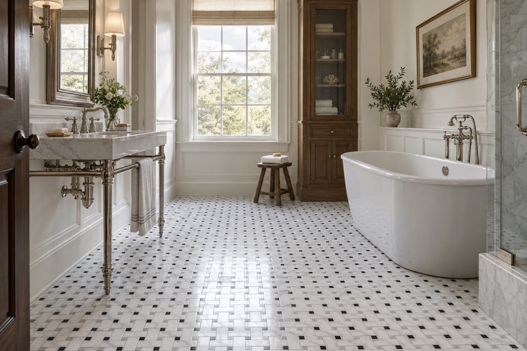 Bathroom with a natural stone mosaic wall