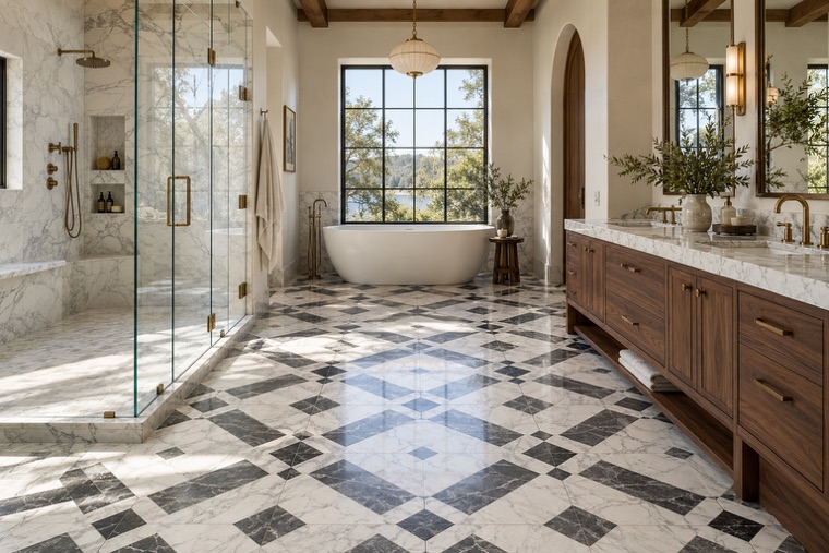 Bathroom with a natural stone mosaic wall