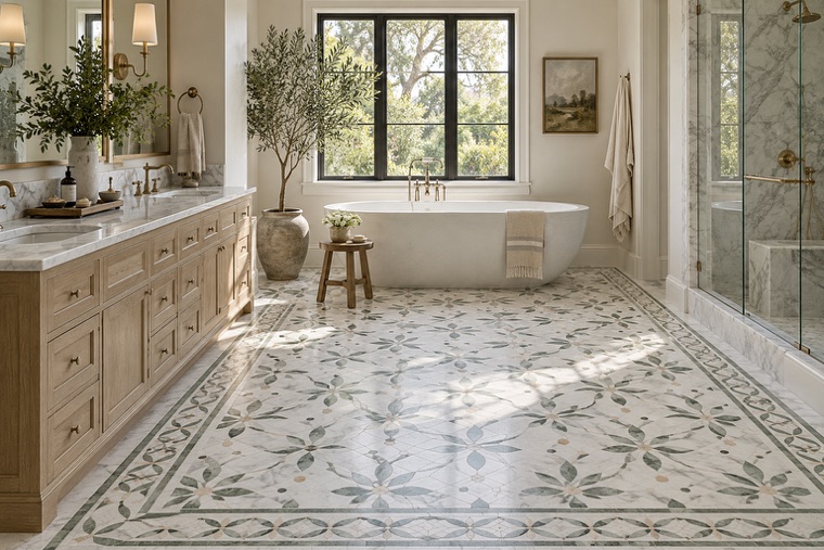 Bathroom with a natural stone mosaic wall