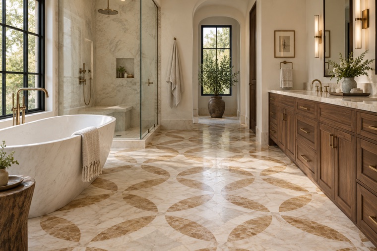 Bathroom with a natural stone mosaic wall