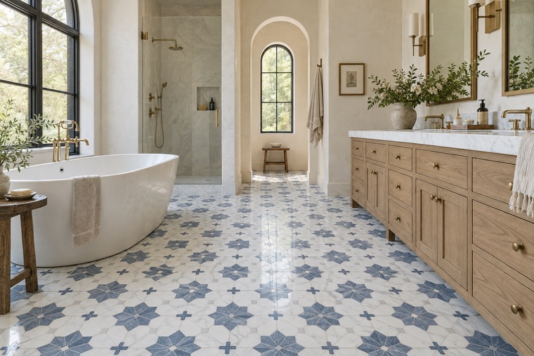 Bathroom with a natural stone mosaic wall