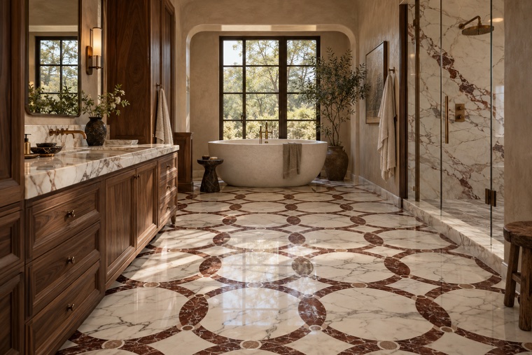 Bathroom with a natural stone mosaic wall
