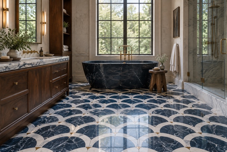 Bathroom with a natural stone mosaic wall