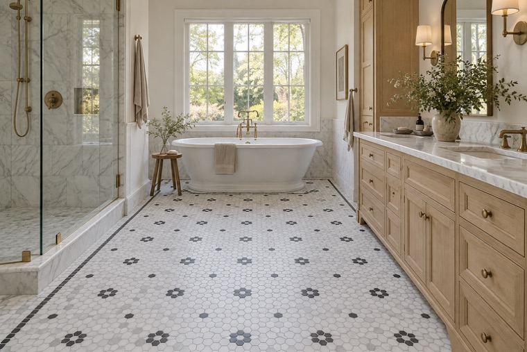 Bathroom with a natural stone mosaic wall