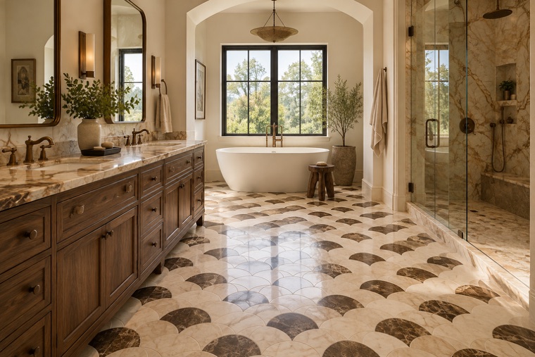 Bathroom with a natural stone mosaic wall