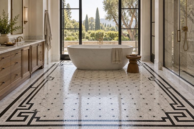 Bathroom with a natural stone mosaic wall