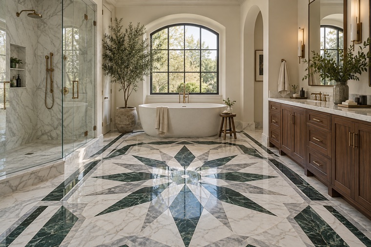 Bathroom with a natural stone mosaic wall