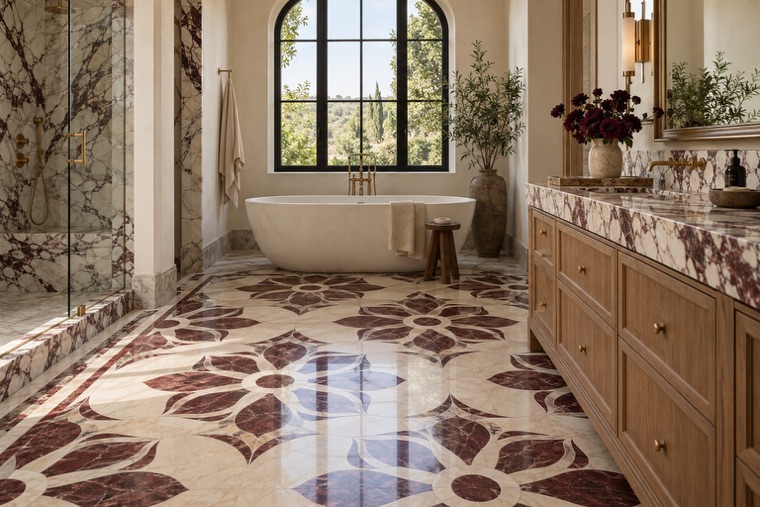 Bathroom with a natural stone mosaic wall