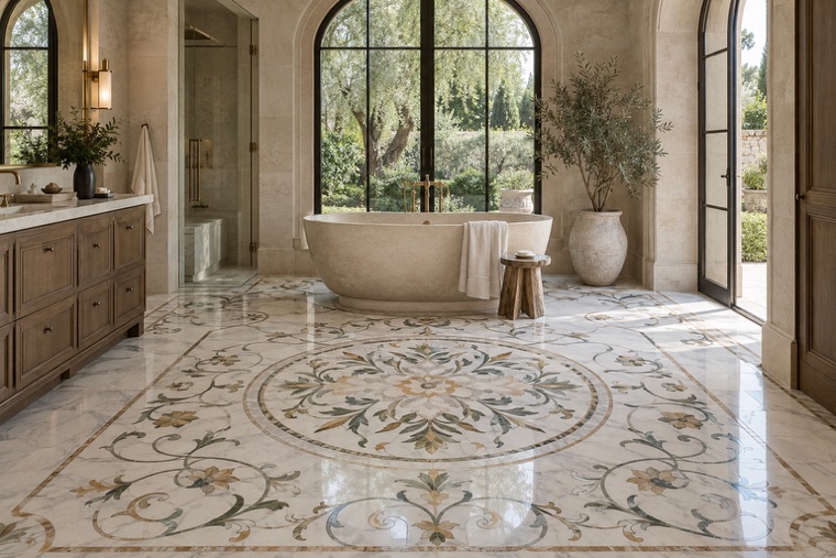 Bathroom with a natural stone mosaic wall