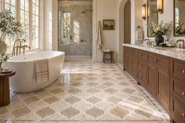 Bathroom with a natural stone mosaic wall