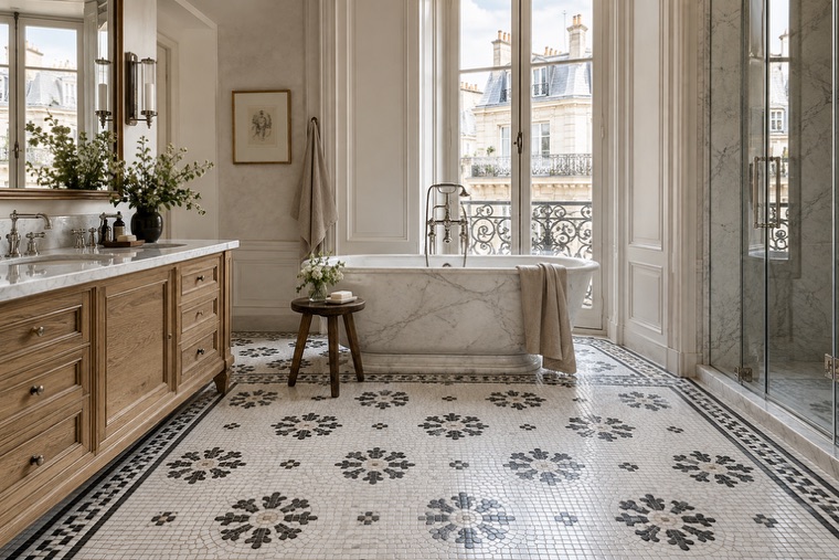 Bathroom with a natural stone mosaic wall