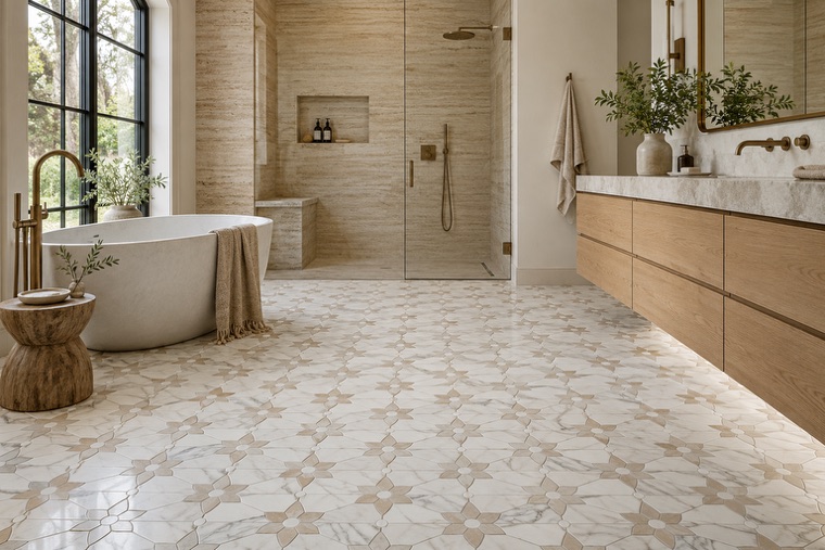 Bathroom with a natural stone mosaic wall