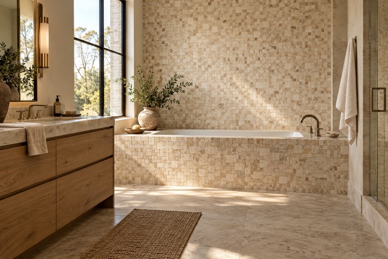 Bathroom with a natural stone mosaic wall
