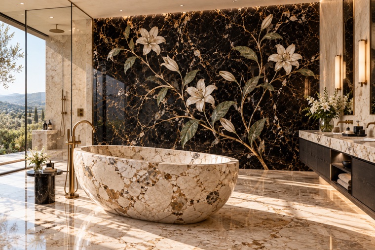 Bathroom with a floral marble mosaic wall