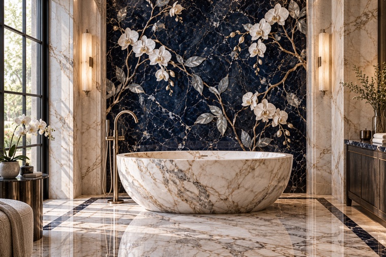 Bathroom with a floral marble mosaic wall