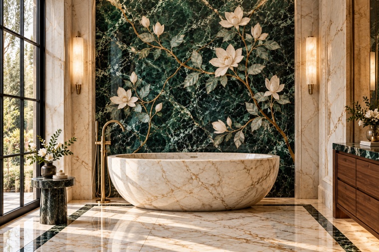 Bathroom with a floral marble mosaic wall