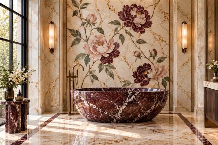 Bathroom with a floral marble mosaic wall