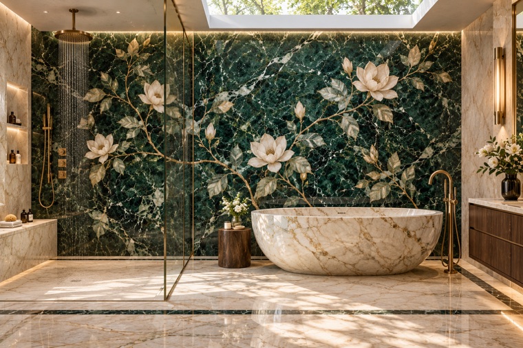 Bathroom with a floral marble mosaic wall