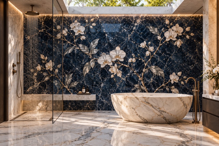 Bathroom with a floral marble mosaic wall