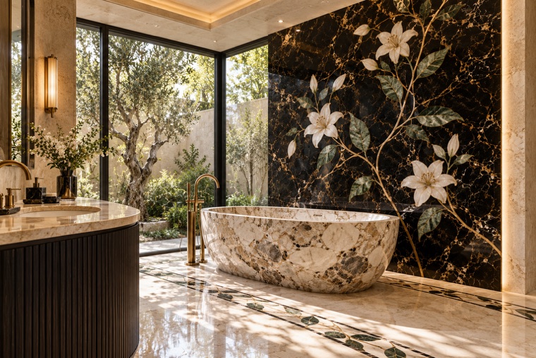Bathroom with a floral marble mosaic wall