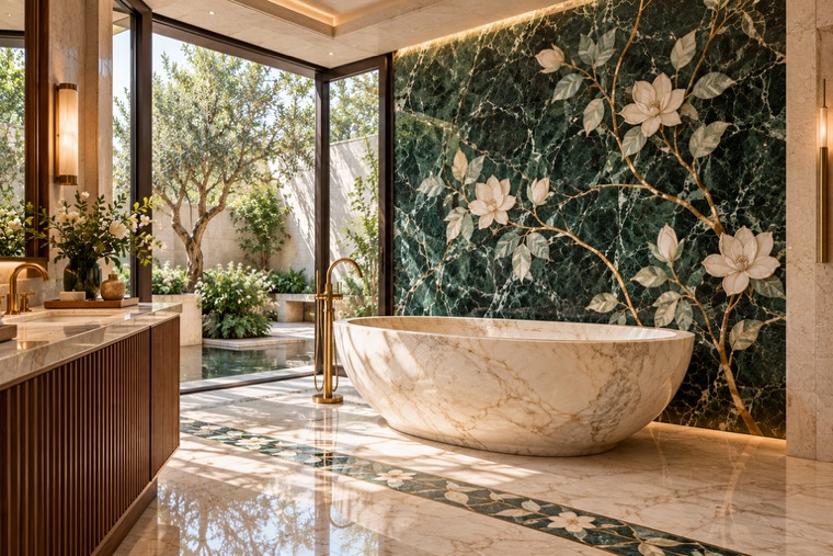 Bathroom with a floral marble mosaic wall