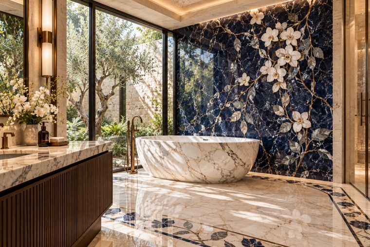 Bathroom with a floral marble mosaic wall