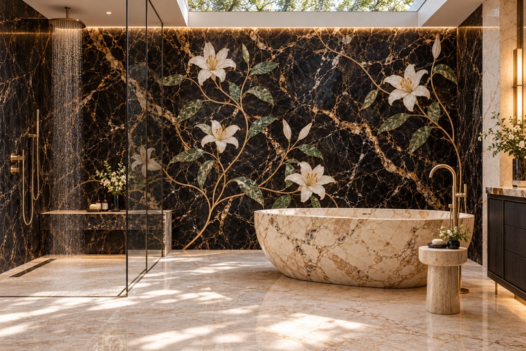 Bathroom with a floral marble mosaic wall