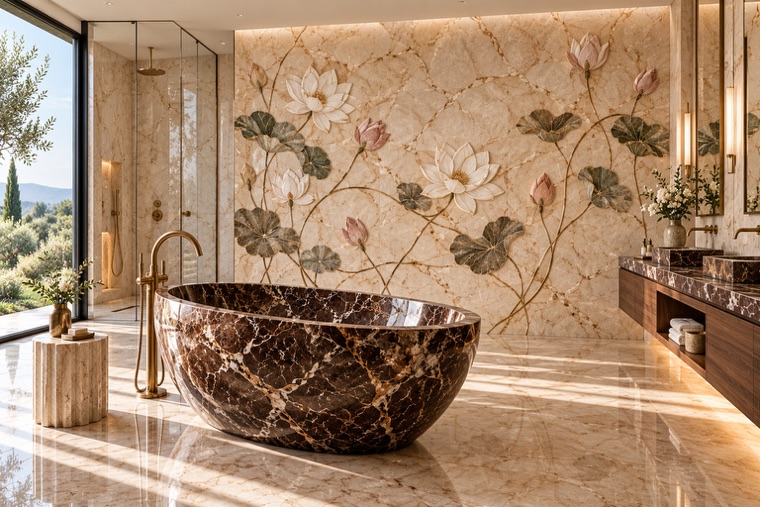 Bathroom with a floral marble mosaic wall