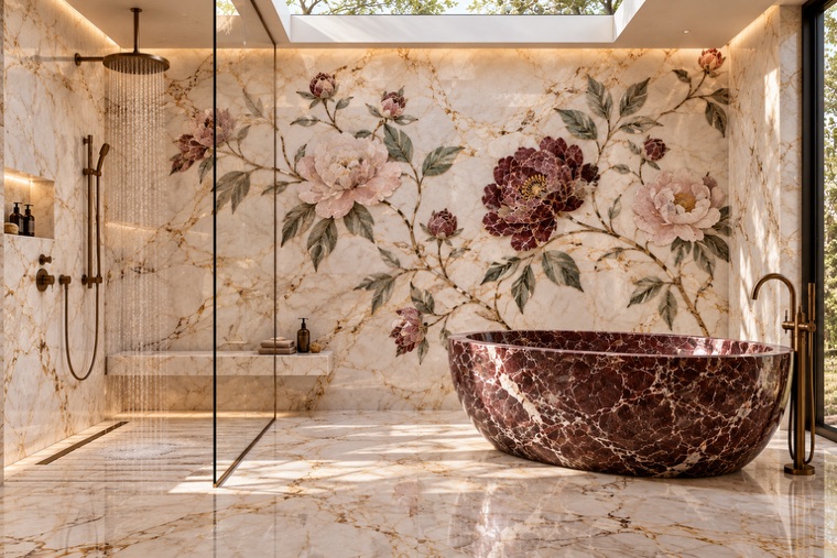 Bathroom with a floral marble mosaic wall