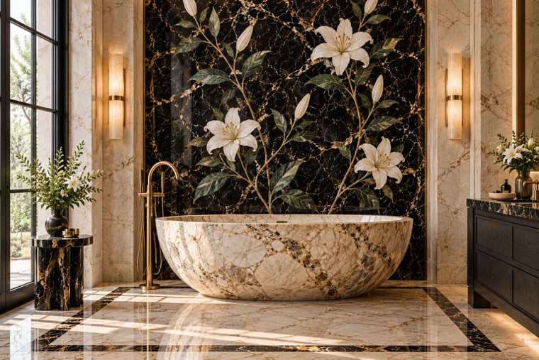 Bathroom with a floral marble mosaic wall