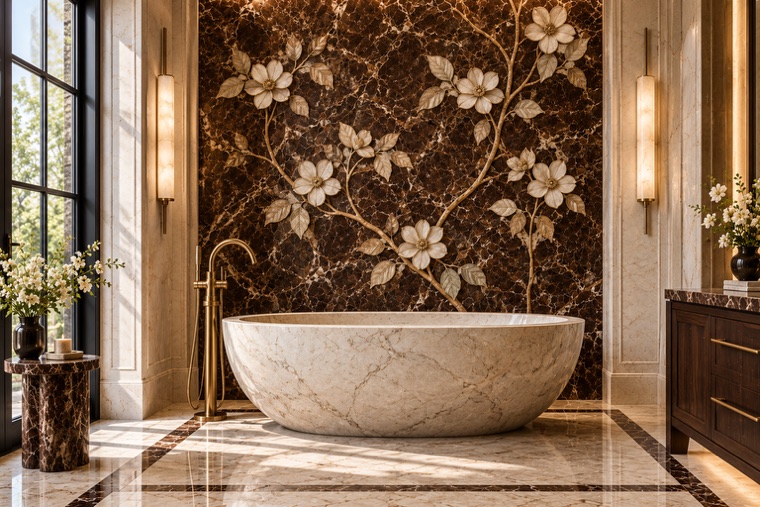 Bathroom with a floral marble mosaic wall