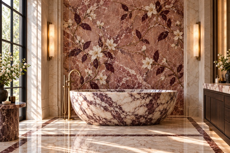 Bathroom with a floral marble mosaic wall