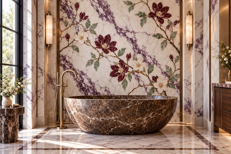 Bathroom with a floral marble mosaic wall