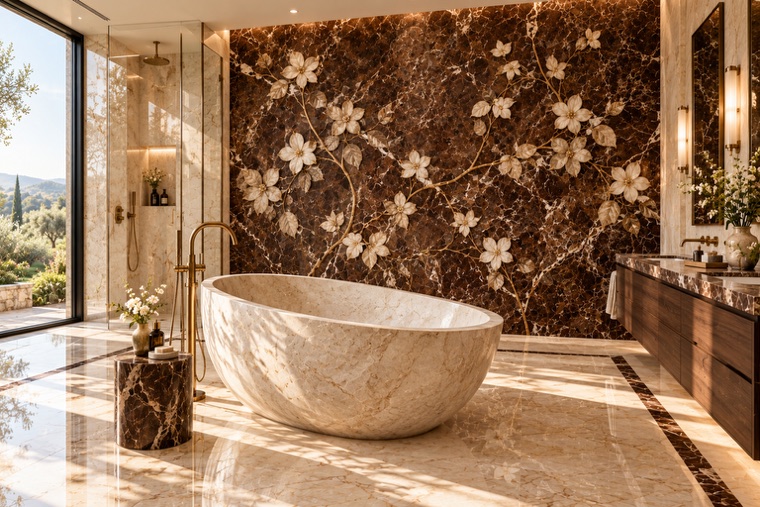 Bathroom with a floral marble mosaic wall