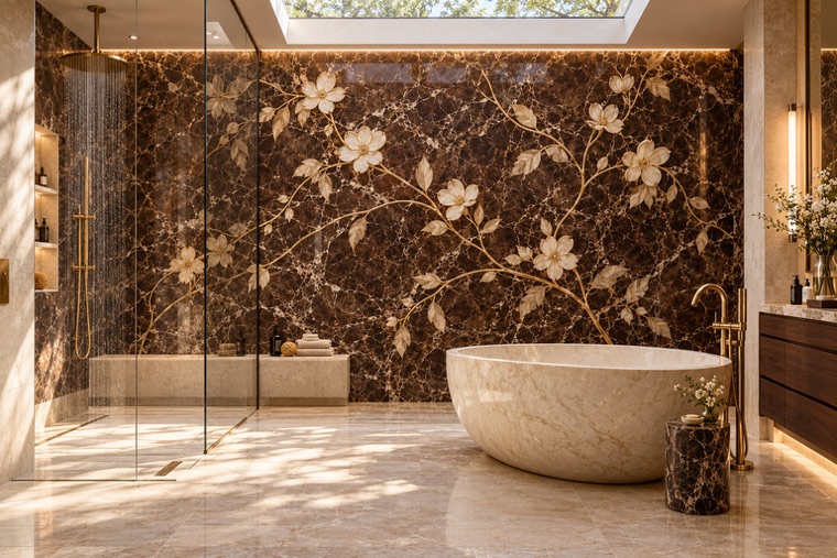 Bathroom with a floral marble mosaic wall