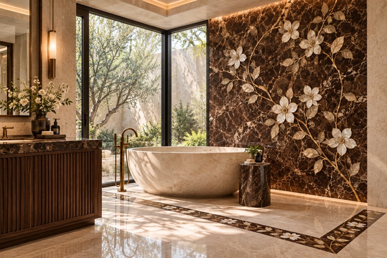 Bathroom with a floral marble mosaic wall