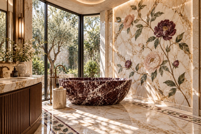 Bathroom with a floral marble mosaic wall