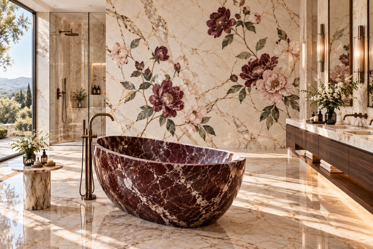 Bathroom with a floral marble mosaic wall
